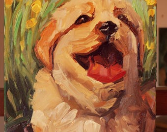 Dandelion Dreams: Puppy Oil Painting on Canvas, Irish Art