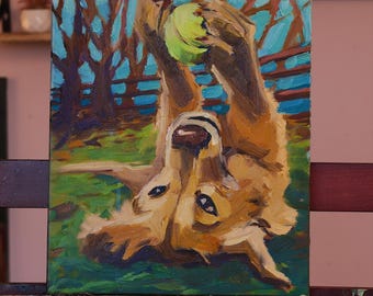 Dog with Tennis Ball Oil Painting: Playful Pup Art, 10x12