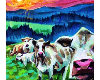 Irish Cows Giclée Print: Vibrant Sunset Landscape Art