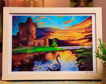 Ross Castle Killarney Wall Print | A4 Framed Ireland Landscape | Kerry Sunset Decor