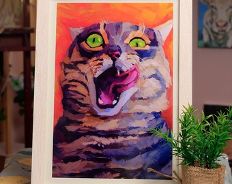 Funny Crazy Cat Art Print (Framed A4) | Colorful Tabby Painting | Irish Artist Wall Art | Cat Lover Gift