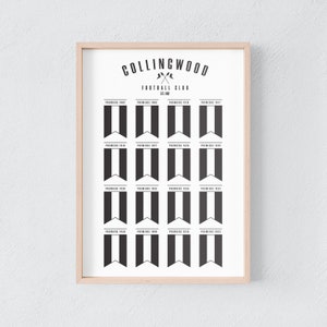 May include: Black and white poster featuring the text "Collingwood Football Club Est. 1892" and a graphic of 16 black and white striped flags with the text "Premiers" and the year of each premiership.