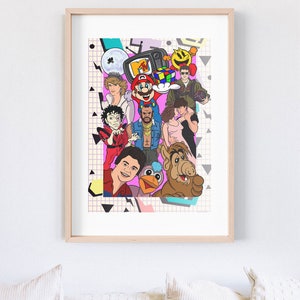 May include: A colourful collage of 1980s pop culture icons, including Mario, Michael Jackson, Alf, and a Rubik's Cube. The background is a pink and white grid pattern with geometric shapes.