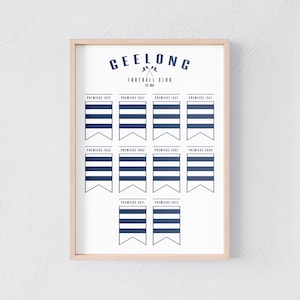 May include: A framed print with the Geelong Football Club logo and the text "EST. 1859." Below, navy and white striped pennants display premiership years: 1925, 1931, 1937, 1951, 1952, 1963, 2007, 2009, 2011, and 2022.