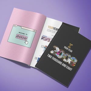 May include: An open book with a pink grid pattern on the left page and a black cover on the right. The left page features a computer window graphic with "welcome to 2008". The cover reads "YOUR YEAR 2008 TWO THOUSAND AND EIGHT".