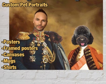 Personalized dog portrait from a photo, Custom pet and owner portrait, Christmas gift for a pet owner, Renaissance animal portrait poster