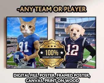 Custom FOOTBALL Lover Gift, Pet Portrait Framed Poster, Christmas Gift, Sports Fan Cat XMAS Canvas Art Print, Dog Owner Memorial Present,