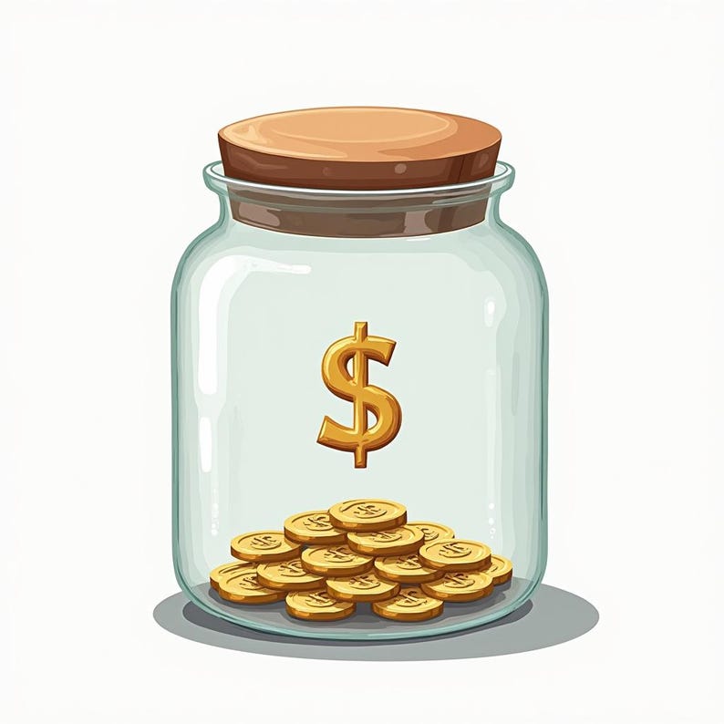 May include: A glass jar with a cork lid, filled with gold coins. A golden dollar sign is centered on the jar. The jar is set against a white background, representing savings or financial concepts.