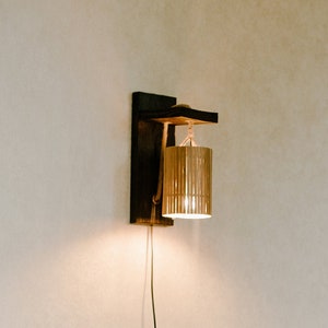 Wall sconce plug in, Wood Sconce light, Wooden reading lamp, Wood wall lamp, Sconce solid wood and bamboo, Wall lamp charred wood board
