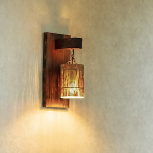 Wood wall sconce, wall light wood, wooden bedside lamp, wall reading sconce, wood light, bamboo lampshade, hard-wired sconce, sconce plug in