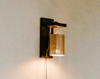 Wall sconce plug in, Wood Sconce light, Wooden reading lamp, Wood wall lamp, Sconce solid wood and bamboo, Wall lamp charred wood board