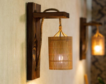 Wood Wall Lamp, Handmade Wall Sconce, Textured Natural Wood with Visible Grain, Bamboo Shade Light, Rustic Japandi Lighting, Wall Wood Light