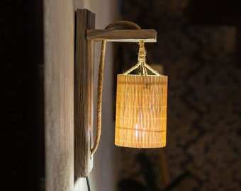 Wall Wood Light, Wood Wall Sconce plug in, Wall Fixture, Original Wooden Lamp, Reclaimed Wood and Jute, Bamboo Lampshade, Eco-friendly lamp