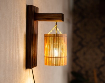 Wall Sconce Plug In, Sconce with switch, Wall Lamp plug in, Wood Bedside Reading Sconce, Wall Wood Light, Bamboo Lampshade, Wall Lighting