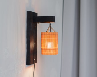 Wall wood Sconce, Sconce wood and orange bamboo lampshade, Wall lamp light, Fire treated wood, Wood wall light, Housewarming or wedding gift