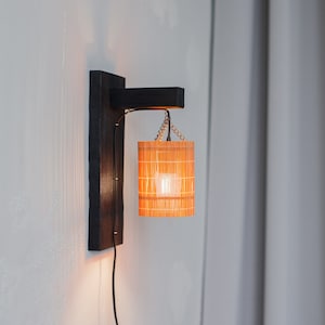 Wall wood Sconce, Sconce wood and orange bamboo lampshade, Wall lamp light, Fire treated wood, Wood wall light, Housewarming or wedding gift