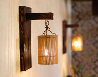 Ensemble de 2 appliques murales en bois, lampe à brancher, appliques en bois pour chambre, applique murale en bois pour lecture, abat-jour en bambou