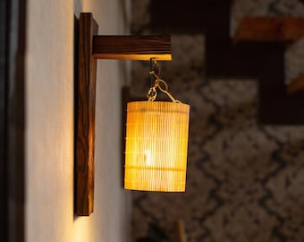Wall wooden sconce, wall lighting, wood bedside wall reading lamp, Sconce wood and bamboo, bamboo lampshade, Hardwired flush mount sconce