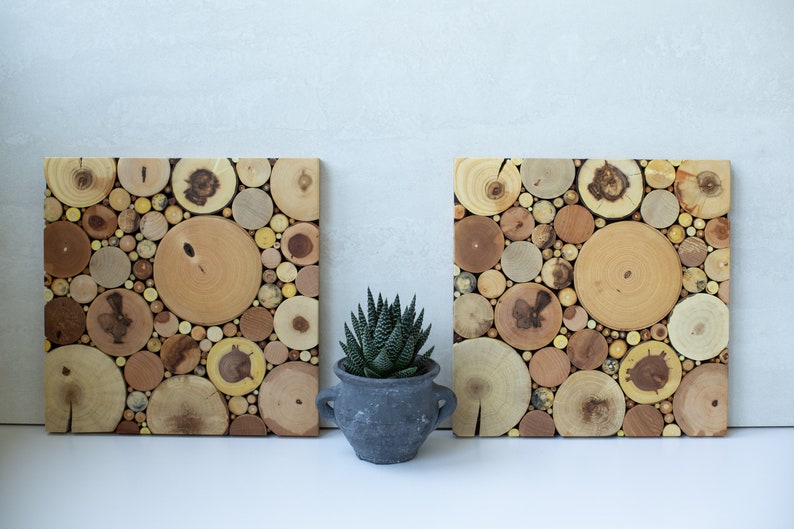 Wall Art Reclaimed Wood Slice Mosaic 9.5"x9.5"(24х24см), Wall Art ...