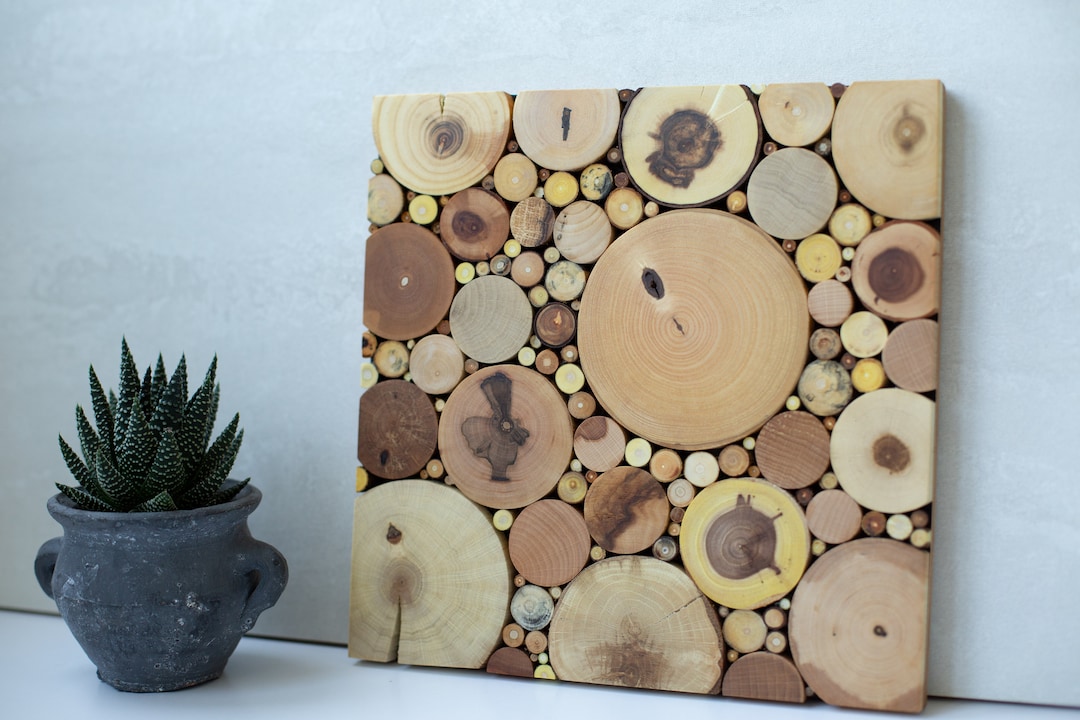 Wall Art Reclaimed Wood Slice Mosaic 9.5"x9.5"(24х24см), Wall Art ...