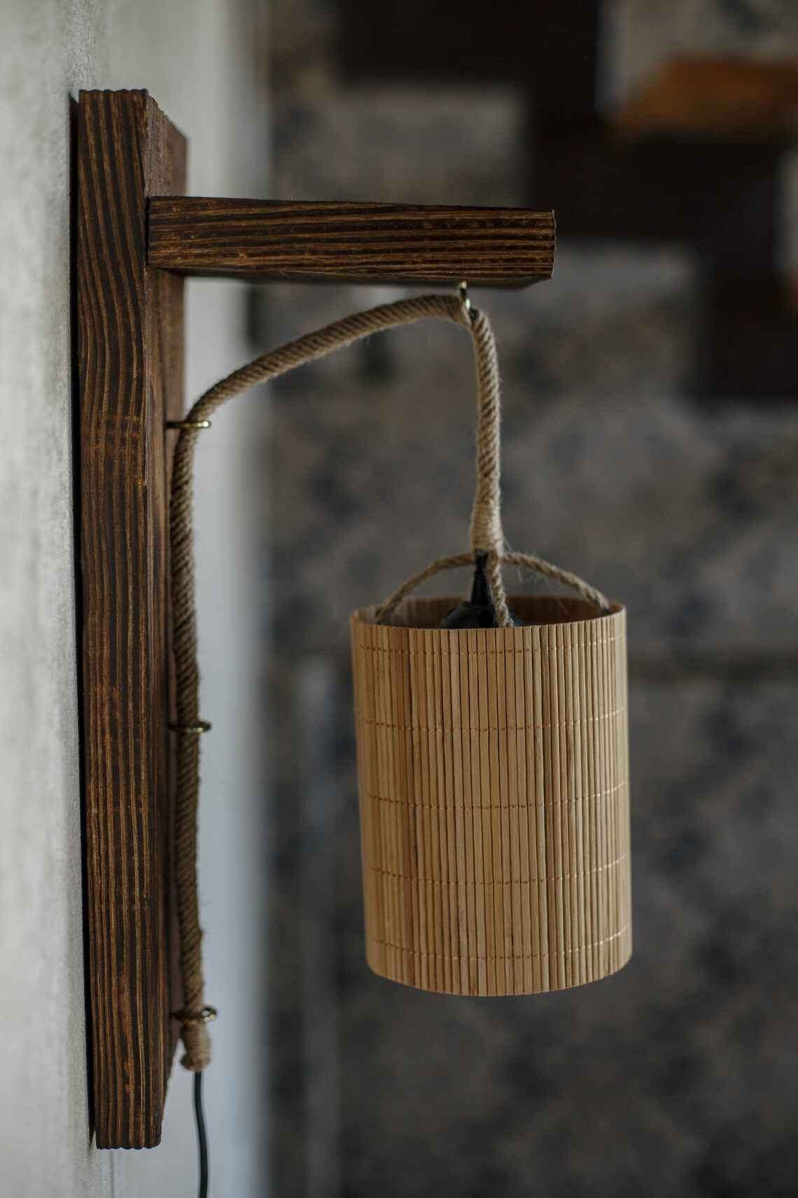 Wall Wood Light Wall Sconce Plug In Rustic Wood Lamp Bamboo | Etsy
