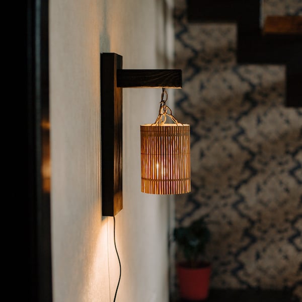 Wood Wall Sconce Plug In, Wall Lamp, Wood Bedside Wall Reading Sconce, Wall Wood Light, Bamboo Lampshade, Eco-friendly Lamp, Wall Lighting