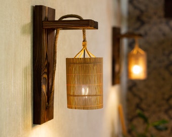 Set di 2 applique da parete, set di lampade da parete in legno, luci in legno, applique in legno, lampade da esterno, applique da parete per la lettura, paralume in bambù, corda