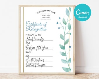 Botanical Certificate of recognition |  Canva template | editable | custom certificate | digital download | 8.5 x 11