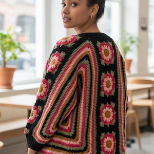 Patrón de cárdigan bohemio chic de abuela con cuadrados y hexágonos