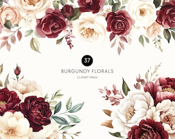 Burgundy and Cream Floral Clipart – Roses, Peonies, Bouquets, Wreaths & Borders PNGs