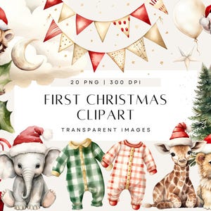 Baby erste Weihnachten Safari Tiere, Aquarell Nikolausmütze Clipart, Festliche Babyparty, Elefant Löwe Giraffe, kommerzielle Nutzung, transparent