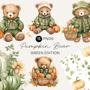 Babybär-Cliparts (grün), Herbst-Teddybären-Aquarellkunst, Herbst-Babyparty, kommerzielle Nutzung, transparentes PNG-Kürbismotiv, Vichy-Karo-Digitalpapier