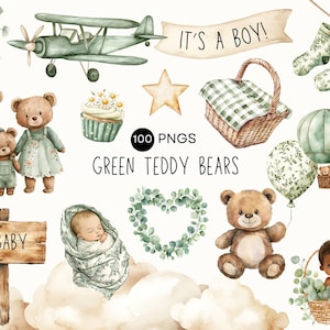 Sage Green Baby Shower Clipart - Babies & Teddy Bears, Toile De Jouy Clothesline, Neutral Nursery Decor, Eucalyptus Greenery, Commercial Use