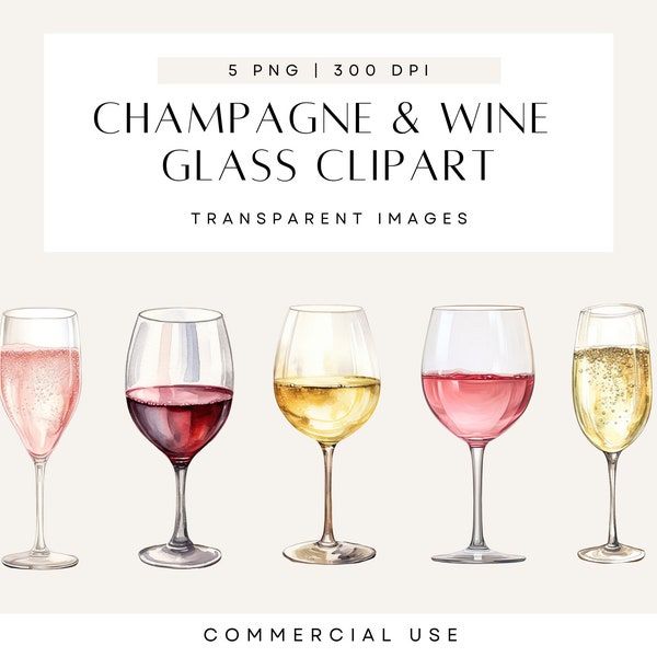 Wine Glass Clipart, Pink Champagne Clipart, Celebration Clip Art, Watercolor Wedding, Transparent PNG, Commercial Use, License Included