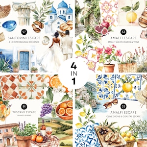 Italiensk bröllopsclipart, Italiens sommarpaket, Amalfikusten, Toscana, Santorini, Medelhavsakvarell, Boho kustdekor, kommersiellt bruk