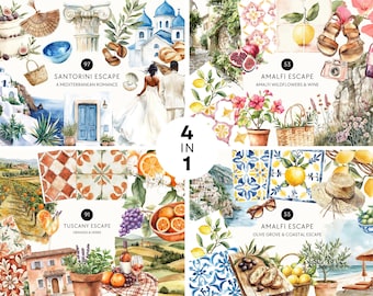 Italian Wedding Clipart, Italy Summer Bundle, Amalfi Coast, Tuscany, Santorini, Mediterranean Watercolor, Boho Coastal Decor, Commercial Use