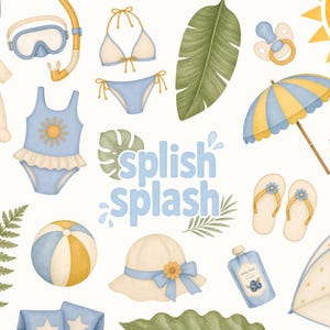 May include: Watercolor illustration of summer and baby items. Includes a baby swimsuit, sun umbrella, beach ball, baby bottle, sun, and the text "splish splash". The color palette is soft blue, yellow, and white.