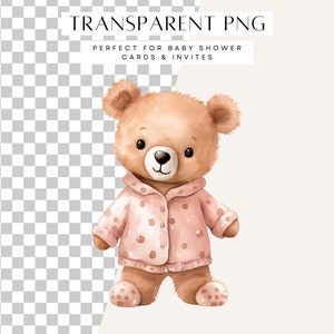 May include: A brown teddy bear wearing a pink polka dot pajama top. The bear has a friendly expression and is standing on a white background.