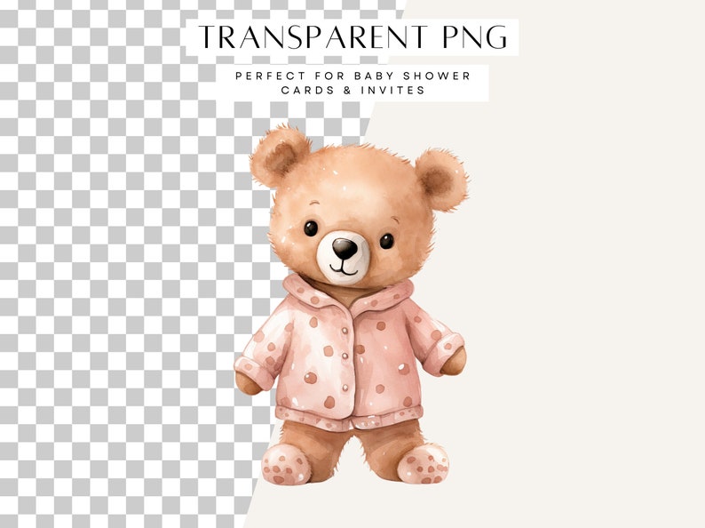 May include: A brown teddy bear wearing a pink polka dot pajama top. The bear has a friendly expression and is standing on a white background.