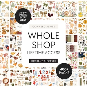 Può includere: Una collezione digitale di elementi di design grafico ad acquerello con vari temi come animali, festività stagionali, fiocchi e abbigliamento per bambini. Il testo centrale recita COMMERCIAL USE WHOLE SHOP LIFETIME ACCESS CURRENT & FUTURE.