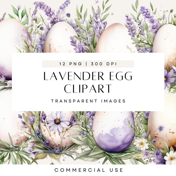 Watercolor Easter Eggs Clipart, Purple Lavender Flowers, Bunny Basket, Floral Easter Egg, Spring Clip Art, Commercial Use, Transparent PNG