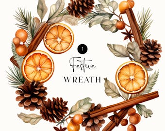 Watercolor Winter Wreath Clipart, Citrus clipart, Dried Orange, Christmas Foliage, Bohemian Wedding, Pine Cone, Holly Berries, Boho Flower
