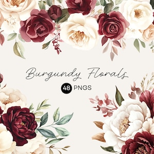 Burgundy and Cream Floral Clipart – Roses, Peonies, Bouquets, Wreaths & Borders PNGs