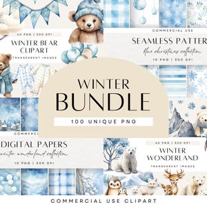 May include: A digital clipart bundle featuring winter wonderland illustrations. The bundle includes 100 unique PNG files, including a winter bear clipart, seamless patterns, and digital papers. The illustrations are in a watercolor style and feature blue, white, and gray colors.