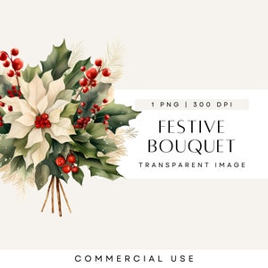 Clipart de buquê de aquarela, pacote de clipart boho, pinha, bagas de azevinho, vegetação de natal, folhagem, casamento boho, flores PNG