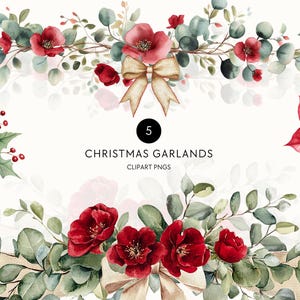 Christmas Garland Clipart | Watercolor Holiday Border, Holly & Pine Greenery, Rustic Wooden Ornaments, Dusty Red Poinsettia Florals, Bow PNG