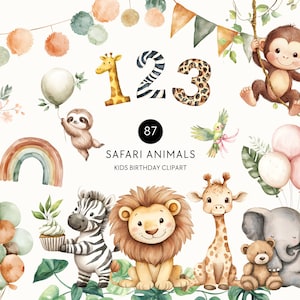 Neutral Safari Tier Clipart - Aquarell Baby Shower Dschungel Tiere, Wild One Geburtstag Dekor, Boho Kinderzimmer Wandkunst, kommerzielle Nutzung PNG