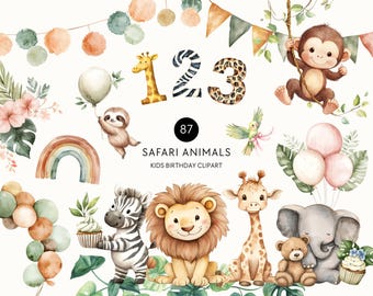 Imágenes prediseñadas de animales de safari neutros - Animales de la selva en acuarela para baby shower, decoración de cumpleaños para niños salvajes, arte de pared bohemio para guardería, PNG para uso comercial