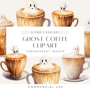 Fantasma com clipart de café, Halloween, bebidas em aquarela, arte com leite, caneca de café assustadora, estética de amante de café, fantasma PNG, uso comercial