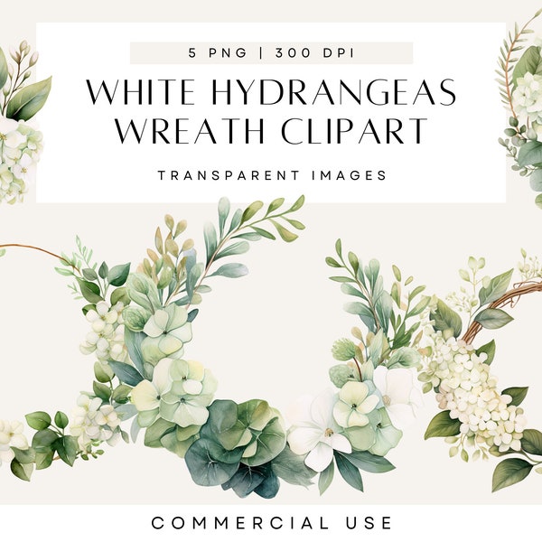 White Floral Clipart Hydrangea Eucalyptus, Wedding Wreath Clip Art, Flower Wreaths, Greenery, Foliage, Transparent PNG, Commercial Use